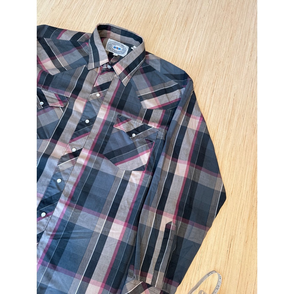 ATB Western Wear Mens Plaid Pearl Snap Shirt Grey Burgundy Size 17 38